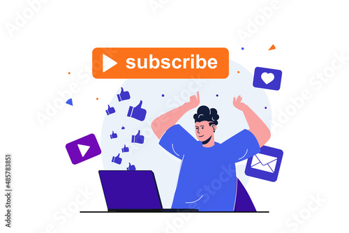 Video blogging modern flat concept for web banner design. Man develops blog and creates video content, collects lot of likes and new subscriptions. Vector illustration with isolated people scene
