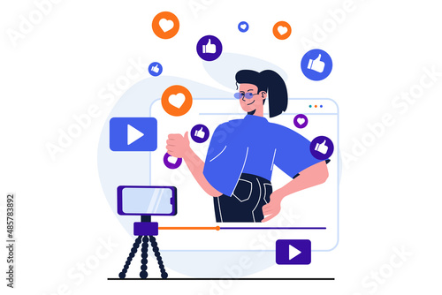 Video blogging modern flat concept for web banner design. Woman records video on mobile phone, publishes content and attracts new audience to blog. Vector illustration with isolated people scene