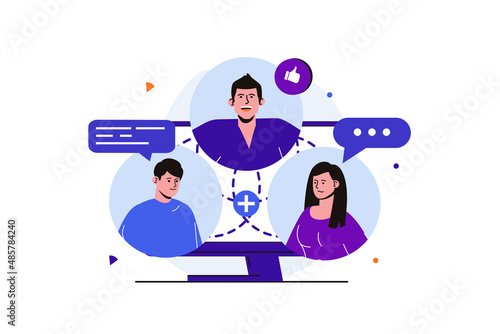 Video chatting modern flat concept for web banner design. Group of friends communicate in online call, write messages. Remote employees confer online. Vector illustration with isolated people scene