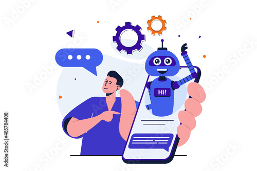 Virtual assistant modern flat concept for web banner design. Man writes to customer support service and talking with chat bot before contacting operator. Vector illustration with isolated people scene
