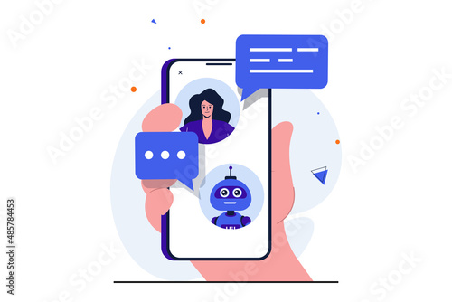 Virtual assistant modern flat concept for web banner design. Woman is chatting with chat bot and looking for solution to problem with help of program. Vector illustration with isolated people scene
