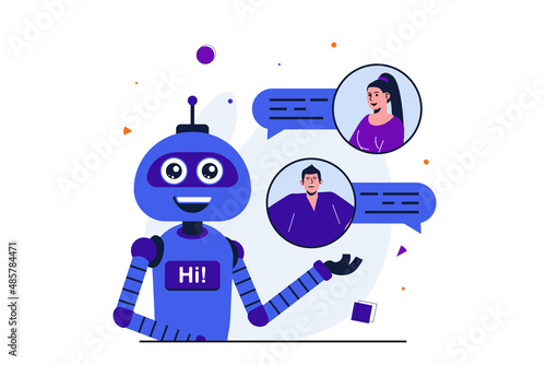 Virtual assistant modern flat concept for web banner design. Artificial intelligence robot responds to customer messages, helps and advises in app. Vector illustration with isolated people scene