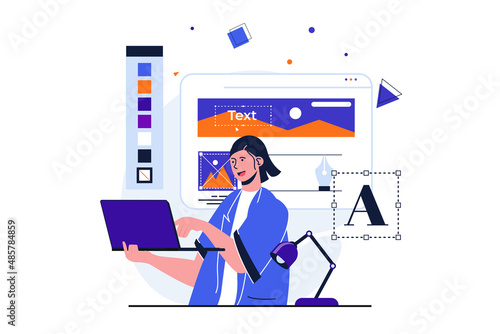 Web designer modern flat concept for web banner design. Woman creates content to fill site, works with digital graphics using drawing tools at laptop. Vector illustration with isolated people scene photo