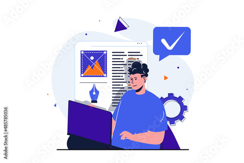 Web designer modern flat concept for web banner design. Man creates and optimizes code for layout, works with graphic and text content using laptop. Vector illustration with isolated people scene