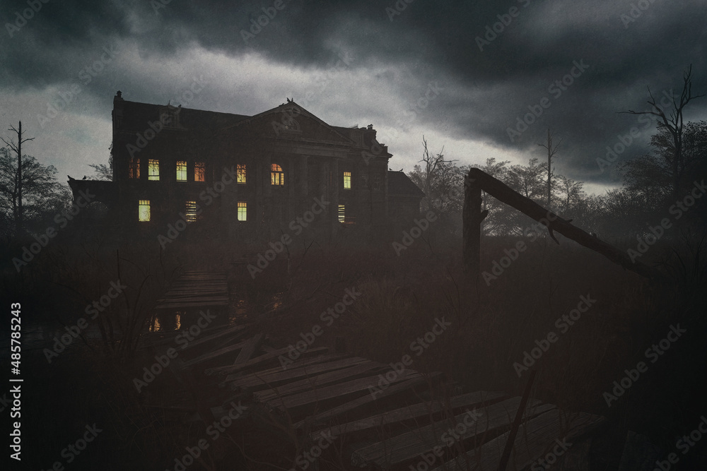 Spooky manor house with illuminated windows under a dark cloudy sky in misty countryside. 3D render. Spooky manor house with illuminated windows under a dark cloudy sky in misty countryside. 3D render.