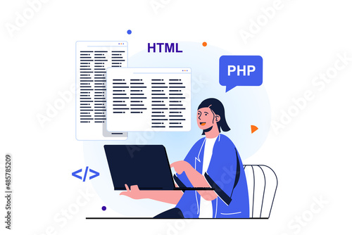 Women working modern flat concept for web banner design. Woman works as programmer, develops programs, writes code in html and php, works in IT industry. Vector illustration with isolated people scene
