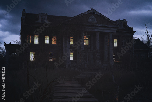 Abandoned creepy manor house with illuminated windows under a dark cloudy sky. 3D render.
