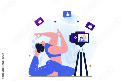Women working modern flat concept for web banner design. Woman working as fitness bloggers and recording yoga workout video on camera for online blog. Vector illustration with isolated people scene