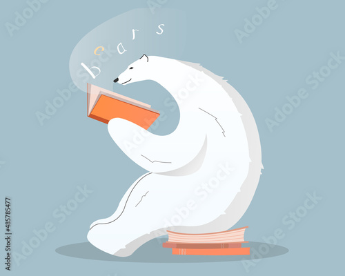 Cute polar bear reading book. Vector illustration. Drawings for a card, poster, printing on fabric or postcard