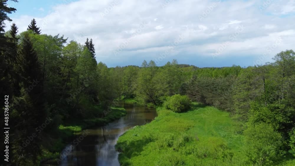 Aerial close-up flying through trees over a beautiful clear river with green banks and forest on a cloudy day Aerial close-up flying through trees over a beautiful clear river with green banks and forest on a cloudy day