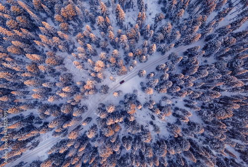 Red car driving on winding road through snowy forest, sunlight aerial top view. Concept winter adventure trip