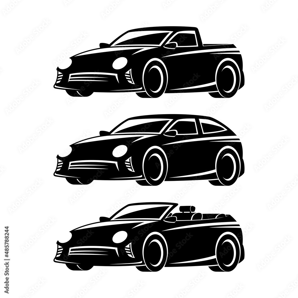 Three black car icons on white background.