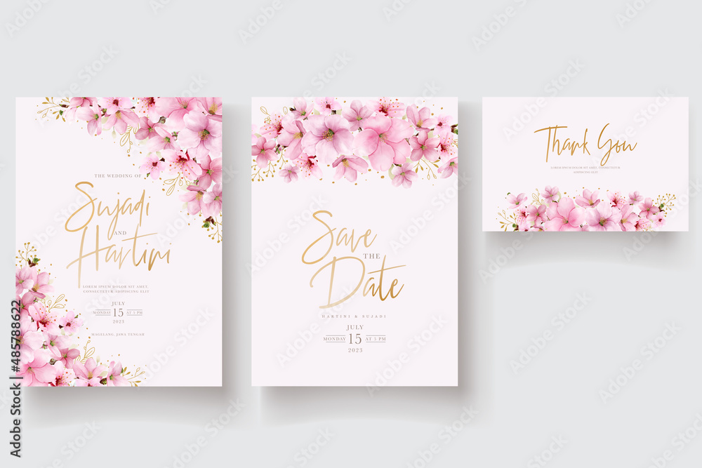 watercolor cherry blossom wedding invitation card template
