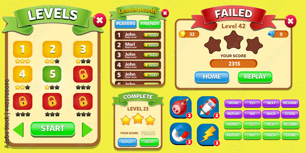 Game Ui Kit Menus, pop up, screens and Game elements Stock-Vektorgrafik ...