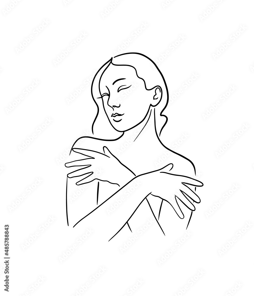 Beautiful line drawn woman gently covering herself with hands, modern style isolated vector illustration Beautiful line drawn woman gently covering herself with hands, modern style isolated vector illustration