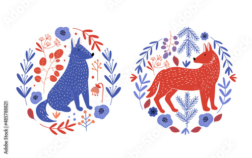 Two circle shape icons with red and blue wolfs, surrounded with flowers and leaves. Isolated vector illustration