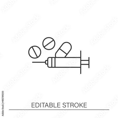  Unhealthy addiction line icon. Injection with poison and pills. Bad habits. Against drug concept. Isolated vector illustration. Editable stroke