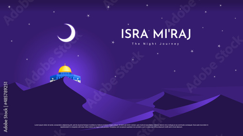 Islamic Background Design. Al-Isra wal Mi'raj means The night journey of Prophet Muhammad. Banner, Poster, Greeting Card. Vector Illustration.