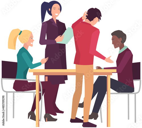 Businesspeople have project strategy planning meeting. Teamwork with business plan, creating new creative project. Meeting to discuss starting business. Colleagues discussing work in entrepreneurship