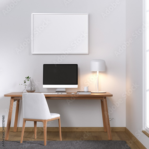 Workspace, screen computer, white frame, mock up wall, interior background, wooden office, 3d render 