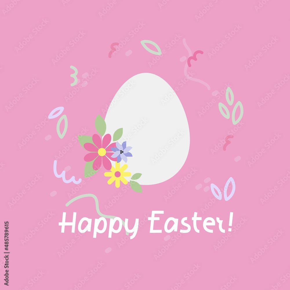 Vector easter background with cute illustration with egg, flowers and hand drawn frame of little doodle elements on pink background for card or print. 