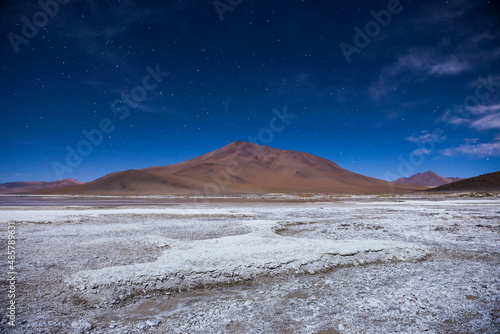 Stars over Chalviri Salt Flats at night  aka Salar de Chalviri   Altiplano of Bolivia in Eduardo Avaroa National Reserve of Andean Fauna  South America