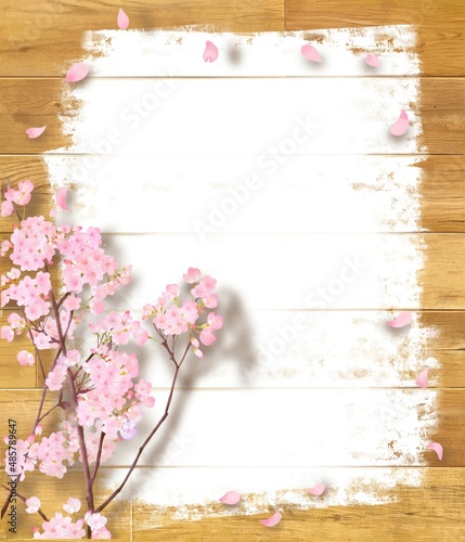 Fototapeta Naklejka Na Ścianę i Meble -  白いペンキを塗ったぬくもりのある色調の木目の板に桜の木の枝と花びらの散る壁紙背景素材
