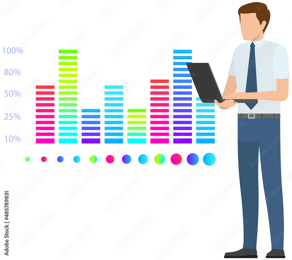 Man studies statistics on presentation. Male character working with report. Manager working and analyzing financial statistic. Male marketer examines information about metrics. Data screen with charts Man studies statistics on presentation. Male character working with report. Manager working and analyzing financial statistic. Male marketer examines information about metrics. Data screen with charts