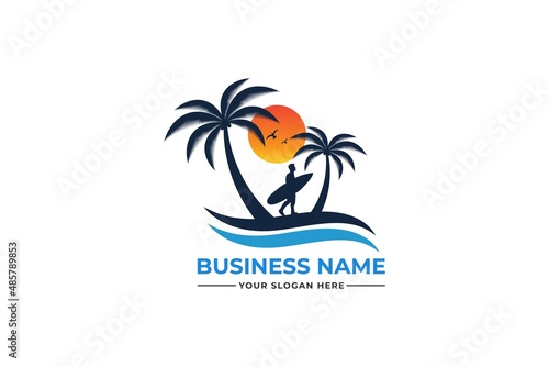 palm tree logo. sea beach logo design. nature logo design. sea logo design with a plum tree. coconut tree with sea logo	