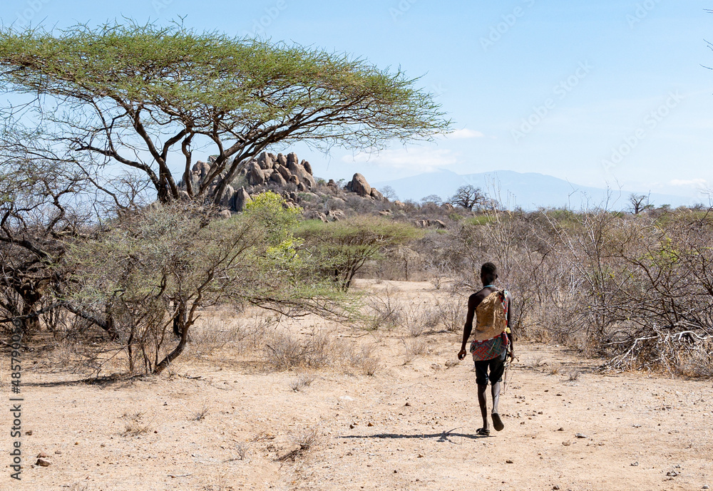 A member of the Hadzabe near Lake Eyasi in Tanzania starting his day with a hunt.  - obrazy, fototapety, plakaty 