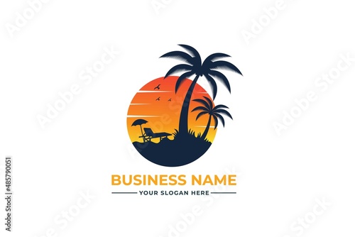 palm tree logo. sea beach logo design. nature logo design. sea logo design with a plum tree. coconut tree with sea logo  © MdEmon