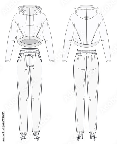 Sportswear Fashion template set. Jacket Outer with Jogger Pants fashion flat sketch template. Hoodie with Jogger fashion flat template. Lounge Wear fashion template set. 
