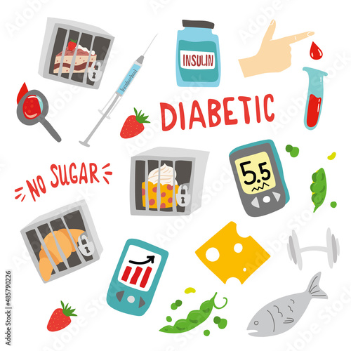 Diabetic elements. Diabeties infographic. Menu bei insulin resistance. healthy food without sugar. Sugar free.