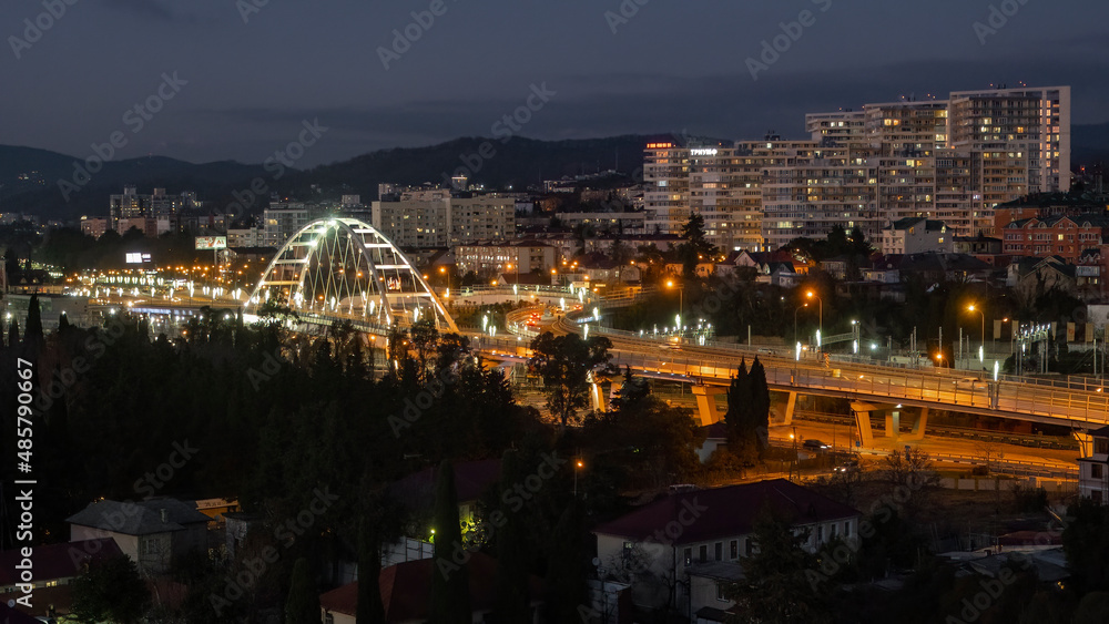 Night Adler. View of the railway bridge.