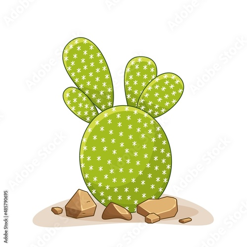 Cactus with thorns and stones. Mexican green plant with spines and rocks. Element of the desert and southern landscape. Cartoon flat vector illustration. Isolated on white background