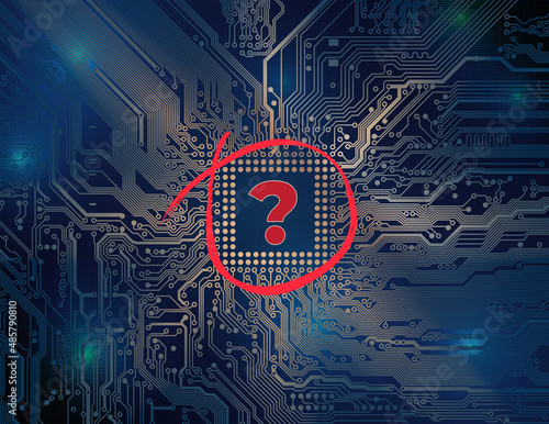 Chip shortage concept. Global shortage of semiconductor processors. Deficit chips. Abstract technology background, microchip. Printed circuit board, motherboard. Question mark. Vector illustration