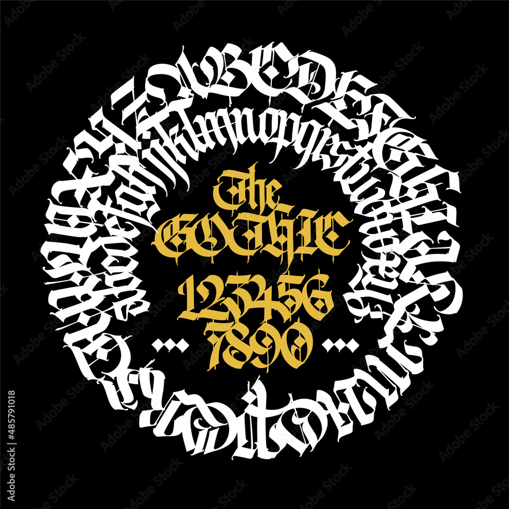 Pattern, ornament in the Gothic style. Gothic Old Germanic font. Alphabet with numbers. Medieval latin letters in a circle. Calligraphy and lettering. Design for fabrics and packaging.