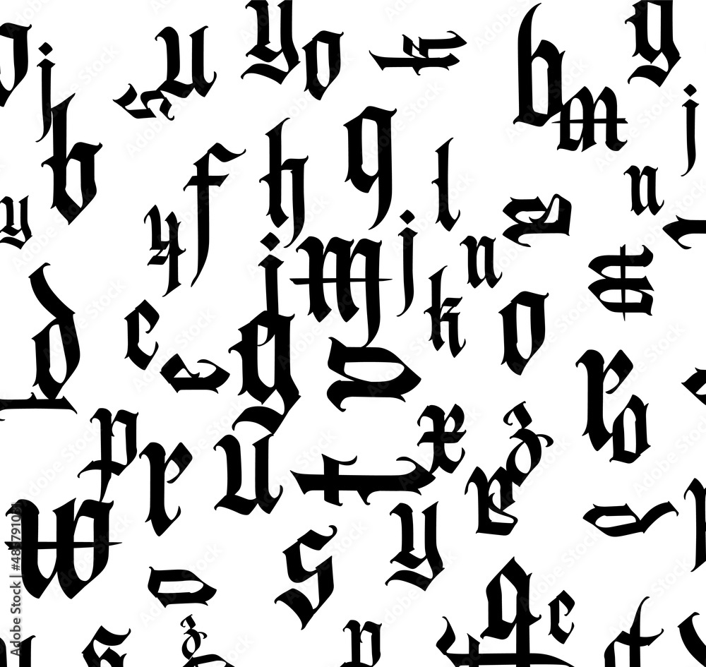 Gothic font, composition. Medieval Latin letters. Random letters in random order. Black letters isolated on white background. Design for fabric and packaging. Gothic font, composition. Medieval Latin letters. Random letters in random order. Black letters isolated on white background. Design for fabric and packaging.