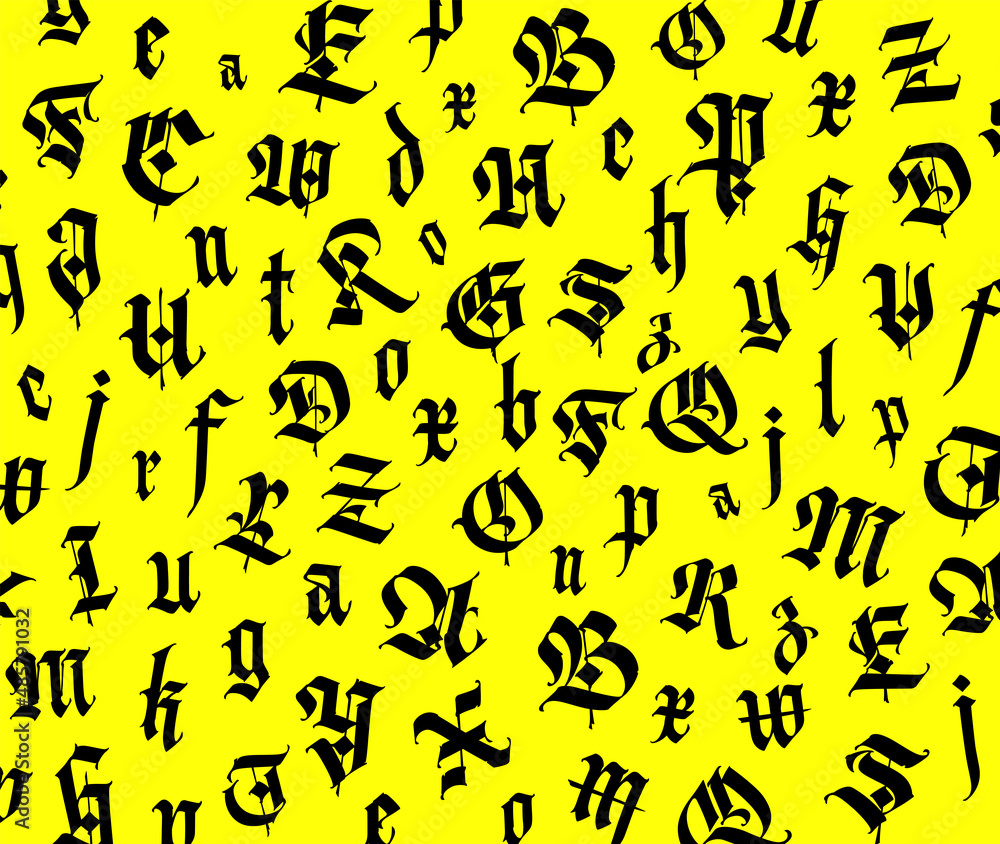 Gothic font, composition. Medieval Latin letters. Random letters in random order. Black letters isolated on yellow background. Design for fabric and packaging. Gothic font, composition. Medieval Latin letters. Random letters in random order. Black letters isolated on yellow background. Design for fabric and packaging.