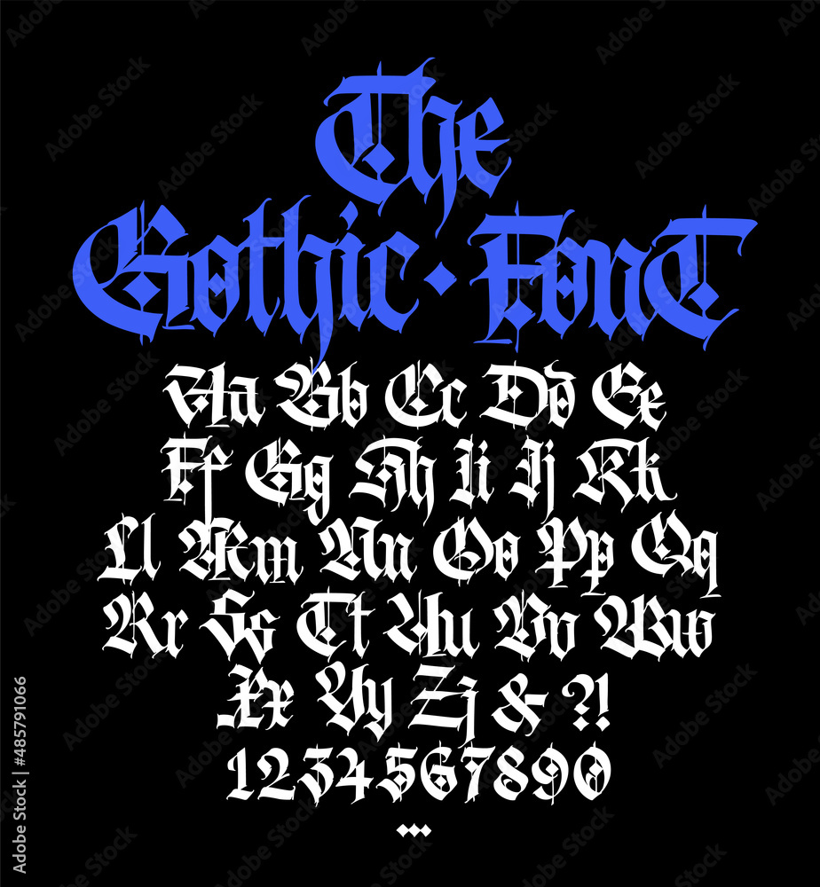 Gothic. Uppercase and lowercase letters on a black background. Beautiful and stylish calligraphy. Beautiful European font for tattoo. Medieval modern style. Letters and numbers. Gothic. Uppercase and lowercase letters on a black background. Beautiful and stylish calligraphy. Beautiful European font for tattoo. Medieval modern style. Letters and numbers.