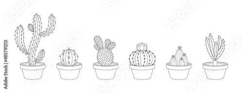 Cactus Doodle Vector. Set of hand drawn cactus plants in a cartoon style. Line art with no fill. Cactus plant in a flower pot. Potted house plants. Isolated on white background.