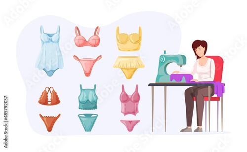 Woman seamstress sew handmade feminine underwear on sewing machine tailor creating craft textile