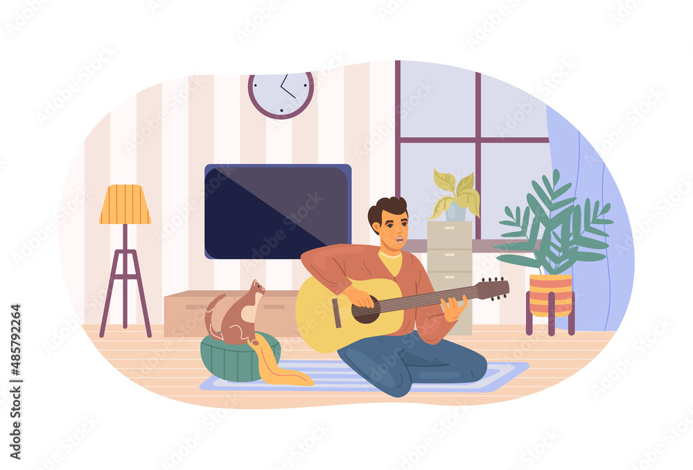 Male artist playing and practicing instrument sings song cat listen music sitting next to owner Male artist playing and practicing instrument sings song cat listen music sitting next to owner