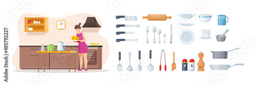 Female housewife cooking chicken in stove putting on table at kitchen with crockery elements set