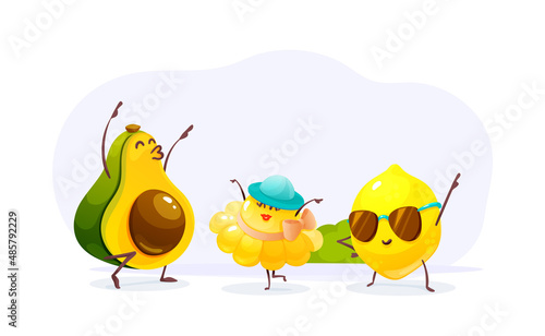 Funny fruits and vegetables cartoon character. Avocado, eggplant and lemon dancing together in meadow.
