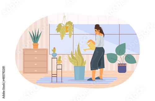 Domestic woman taking care to interior potted plants. Home gardening and growing houseplants