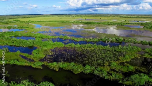 Everglades National Park, Florida. Aerial view of swamp and sky at sunset from drone photo