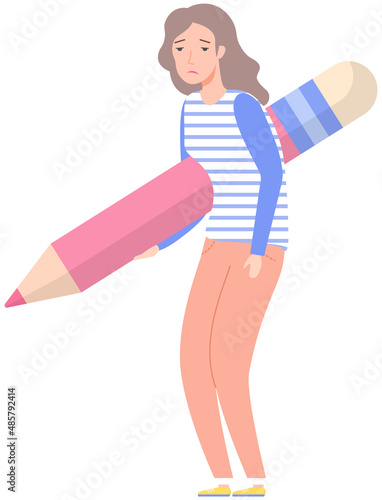 Sad woman holding big pencil. Writer, bloggers, journalists, interviewer, screenwriter, copywriter, author, draftsman concept. Girl gets upset about some event with her bent back and pencil in hand