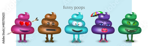 Set of vector volumetric funny colorful emotional poops. Love, apathy, fun, glamour, and madness