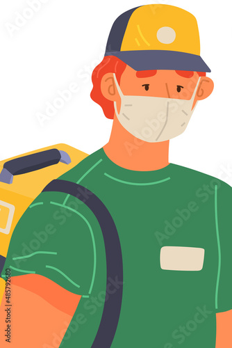 Stop coronavirus agitation concept. Vaccination promo, immunization of workers. Vaccine saves lives. People wearing protective mask showing their arm with bandage after receiving covid-19 vaccine